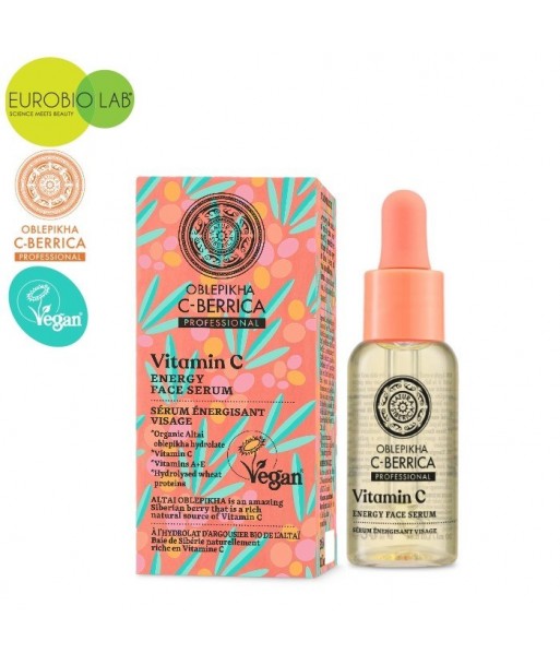 Wegańskie, energizujące serum do twarzy z witaminą C i hydrolatem z rokitnika ałtajskiego, 30ml OBLEPIKHA C-BERRICA Wegańskie, energizujące serum do twarzy z witaminą C i hydrolatem z rokitnika ałtajskiego, 30ml OBLEPIKHA C-BERRICA