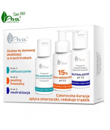AVA PHT Zestaw do domowej eksfoliacji Preparat odtłuszczający, 50ml + Kwas migdałowy 15%, 50ml + Neutralizator, 50ml