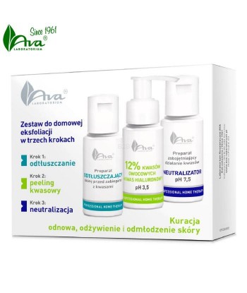 AVA PHT Zestaw do domowej eksfoliacji Preparat odtłuszczający, 50ml+ 12% Kwasów owocowych, 50ml + Neutralizator, 50ml