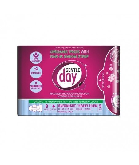 GENTLE DAY Podpaski ekologiczne na NOC ze skrzydełkami z paskiem anionowym ECO FAR-IR ANION 8szt. GENTLE DAY Podpaski ekologiczne na NOC ze skrzydełkami z paskiem anionowym ECO FAR-IR ANION 8szt.