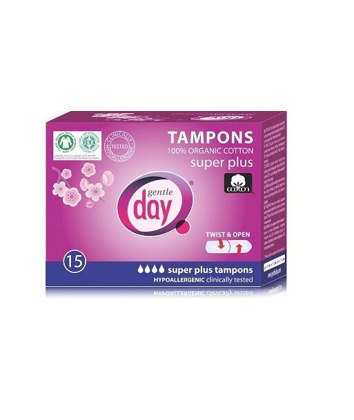 GENTLE DAY Tampony SUPER PLUS + 100% z Certyfikowanej Bawełny Ekologicznej 15szt.