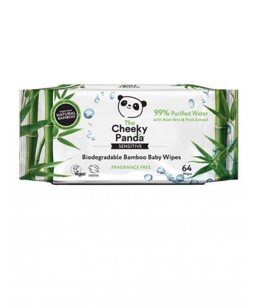 THE CHEEKY PANDA Nawilżane chusteczki bambusowe dla dzieci 64 sztuki - 99% woda, 1% wyciąg z aloesu i owoców
