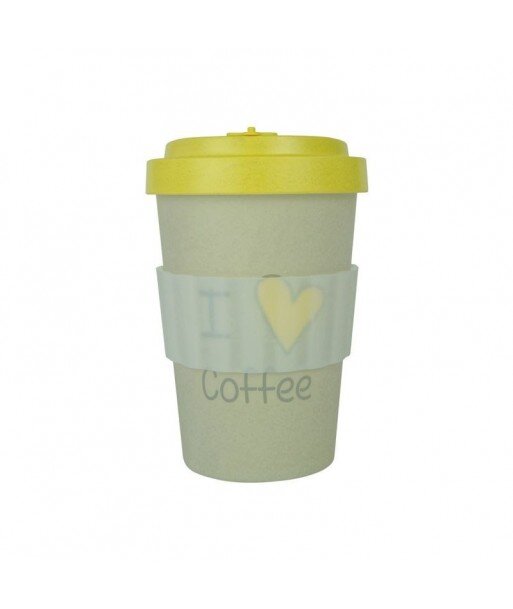 WOODWAY Wielorazowy Biodegradowalny Kubek z bambusa z nakładką - I LOVE COFFEE yellow 400ml