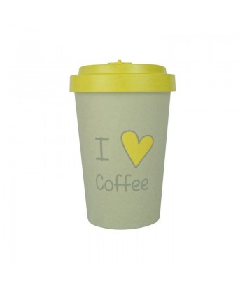 WOODWAY Wielorazowy Biodegradowalny Kubek z bambusa z nakładką - I LOVE COFFEE yellow 400ml