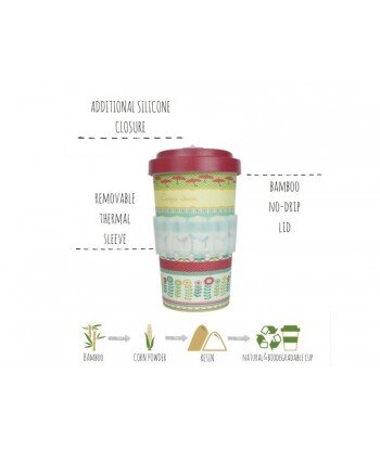 WOODWAY Wielorazowy Biodegradowalny Kubek z bambusa z nakładką - I LOVE COFFEE yellow 400ml