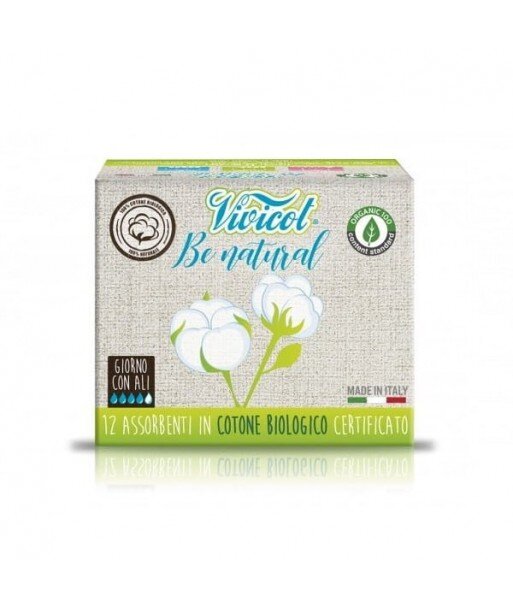 VIVICOT BE NATURAL Podpaski NA DZIEŃ ze skrzydełkami niebielone chlorem z CERTYFIKOWANEJ bawełny organicznej 12 sztuk