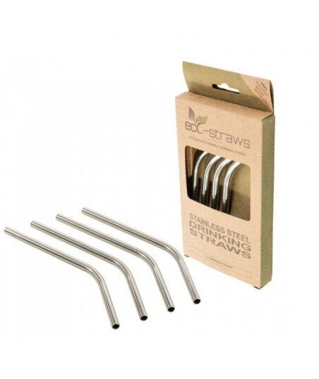 ECOSTRAWZ Zestaw 4x: Wielorazowe słomki do picia stal nierdzewna Zakrzywione 145mm x 6mm + czyścik