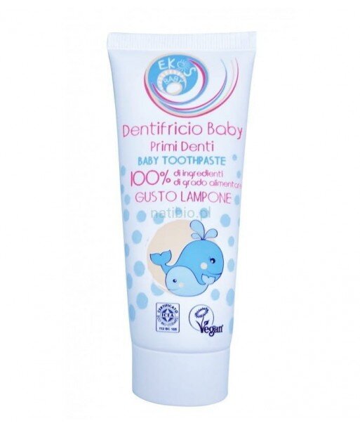 EKOS BABY PASTA DO PIERWSZYCH ZĄBKÓW DLA DZIECI 100% JADALNYCH SKŁADNIKÓW MALINOWA Z WYCIĄGIEM Z RUMIANKU 75ML