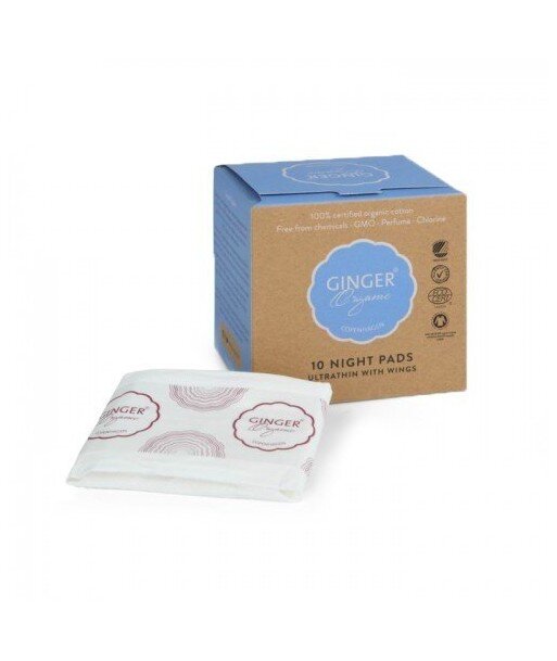 GINGER ORGANIC Podpaski higieniczne na noc ze skrzydełkami certyfikowane 100% organic bawełna organiczna bez chloru 10szt