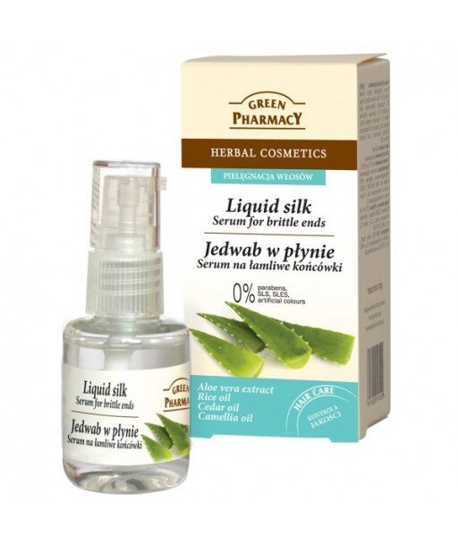 Green Pharmacy - Jedwab w płynie, serum na łamliwe końcówki. 100% ekstraktu Aloe Vera. Olejek ryżowy, Olejek cedrowy, Olej kamel