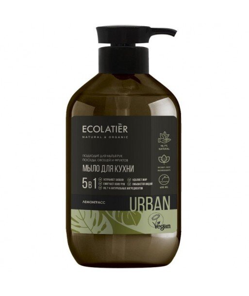 Mydło w płynie do kuchni Trawa cytrynowa do mycia rąk, naczyń, warzyw i owoców, 600 ml, ECOLATIER URBAN