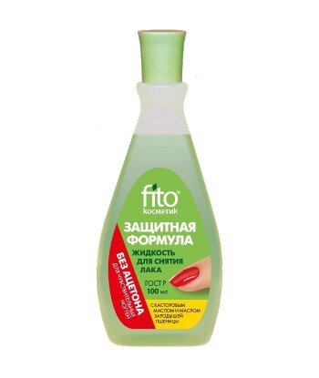 Zmywacz do paznokci "Formuła ochronna" do paznokci wrażliwych z
olejkiem rycynowym i z kiełek pszenicy, bez acetonu, 100 ml Fito