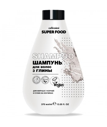 SUPER FOOD Szampon do włosów Głęboko Oczyszczający, 3 gliny, 370 ml - CAFE MIMI